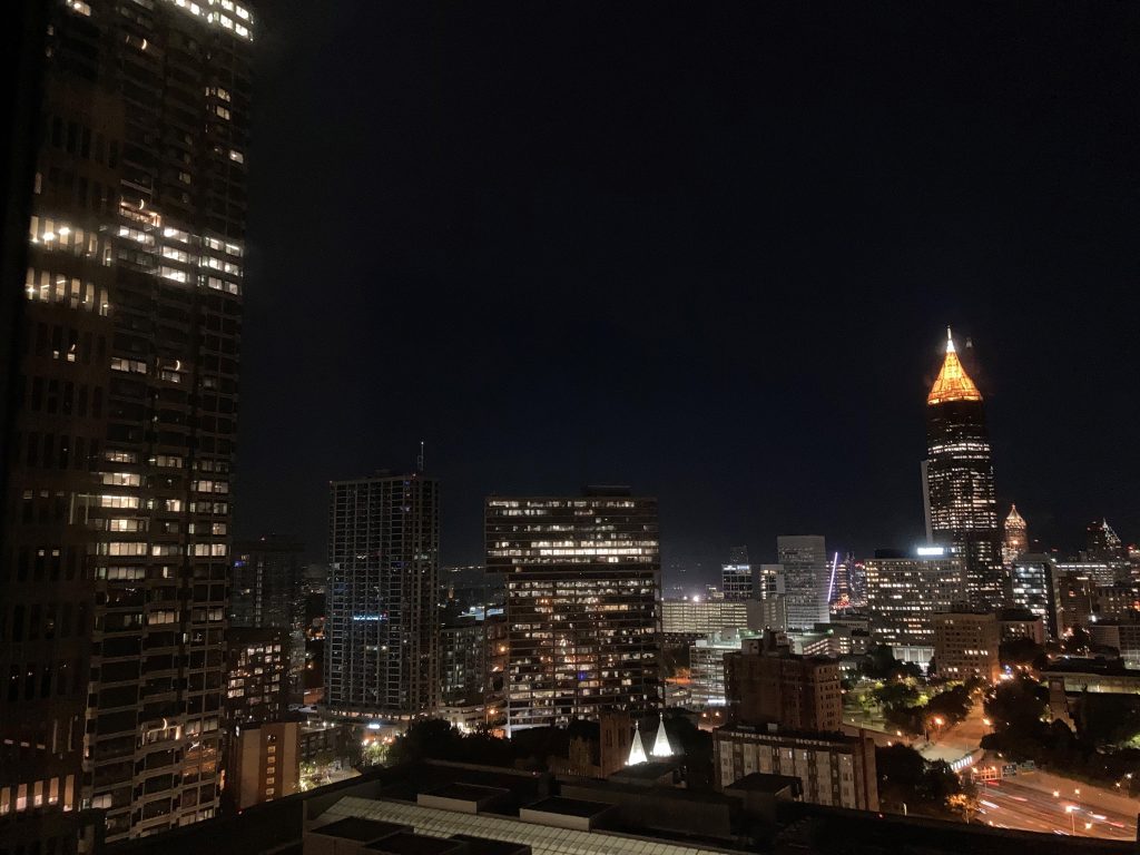 Photo of Atlanta skyline at night, taken from window of NCPN conference hotel, 21st floor.