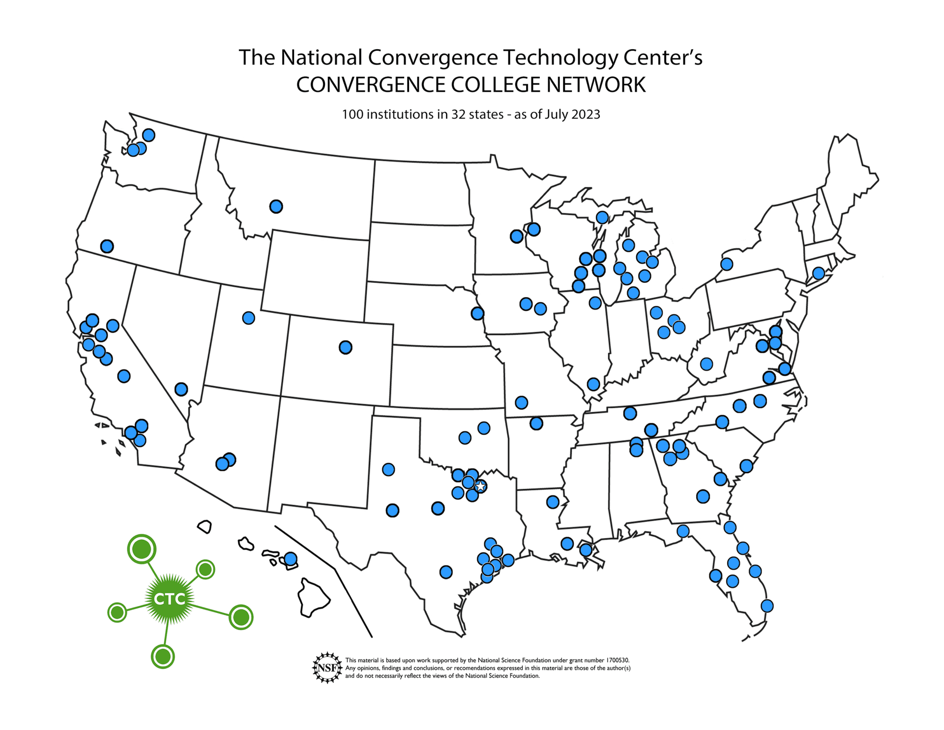 US map showing the members of the CCN community via blue dots - 100 schools in 32 states.