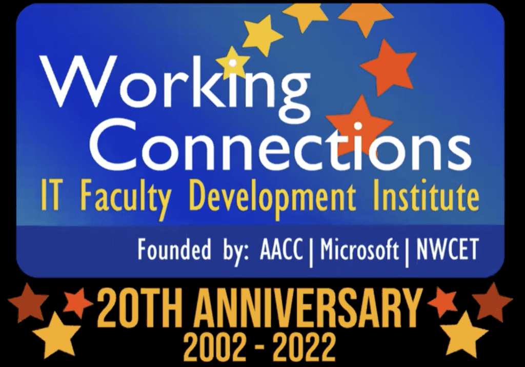 Sign that says Working Connections in white letters and IT Faculty Development Institute in yellow with stars at a half circle around the name and at the bottom it says 20th Anniversary in gold and all caps 2002-2022 in gold